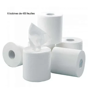 BOBINES papier GAUFRE -DEVIDAGE CENTRAL – 450f -BLANC-2 plis -Ecolabel -Lot de 6