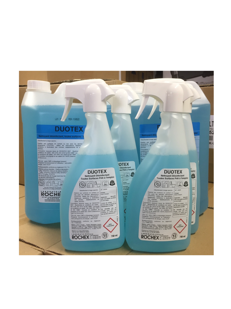 Détergent désinfectant large spectre toutes surfaces PAE Duotex – 4x750ml + 2x5L
