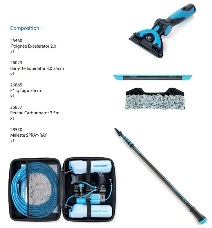 Kit Spray-Ray nettoyage vitre perche : malette spray + perche 3.5m carbonator